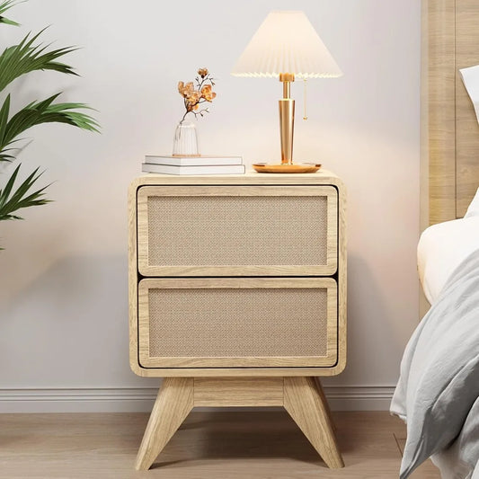 Wood Bedside Table Boho Nightstand with Linen and Solid Wood Legs