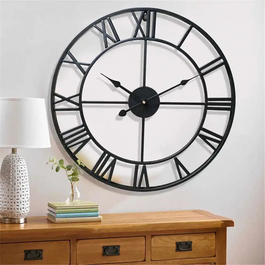 Large Roman Numerals Wall Clock with Retro Round Metal Iron Frame