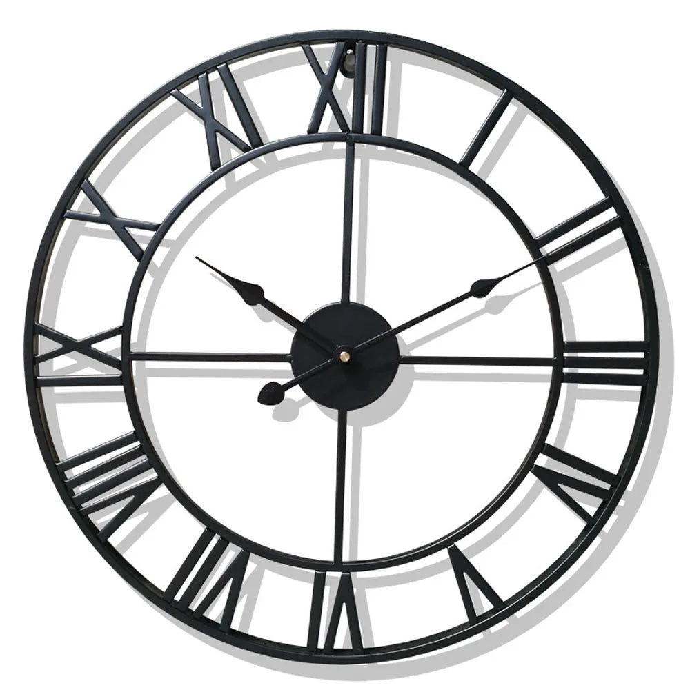 Large Roman Numerals Wall Clock with Retro Round Metal Iron Frame