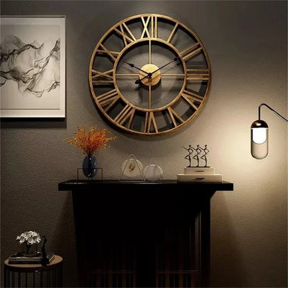 Large Roman Numerals Wall Clock with Retro Round Metal Iron Frame